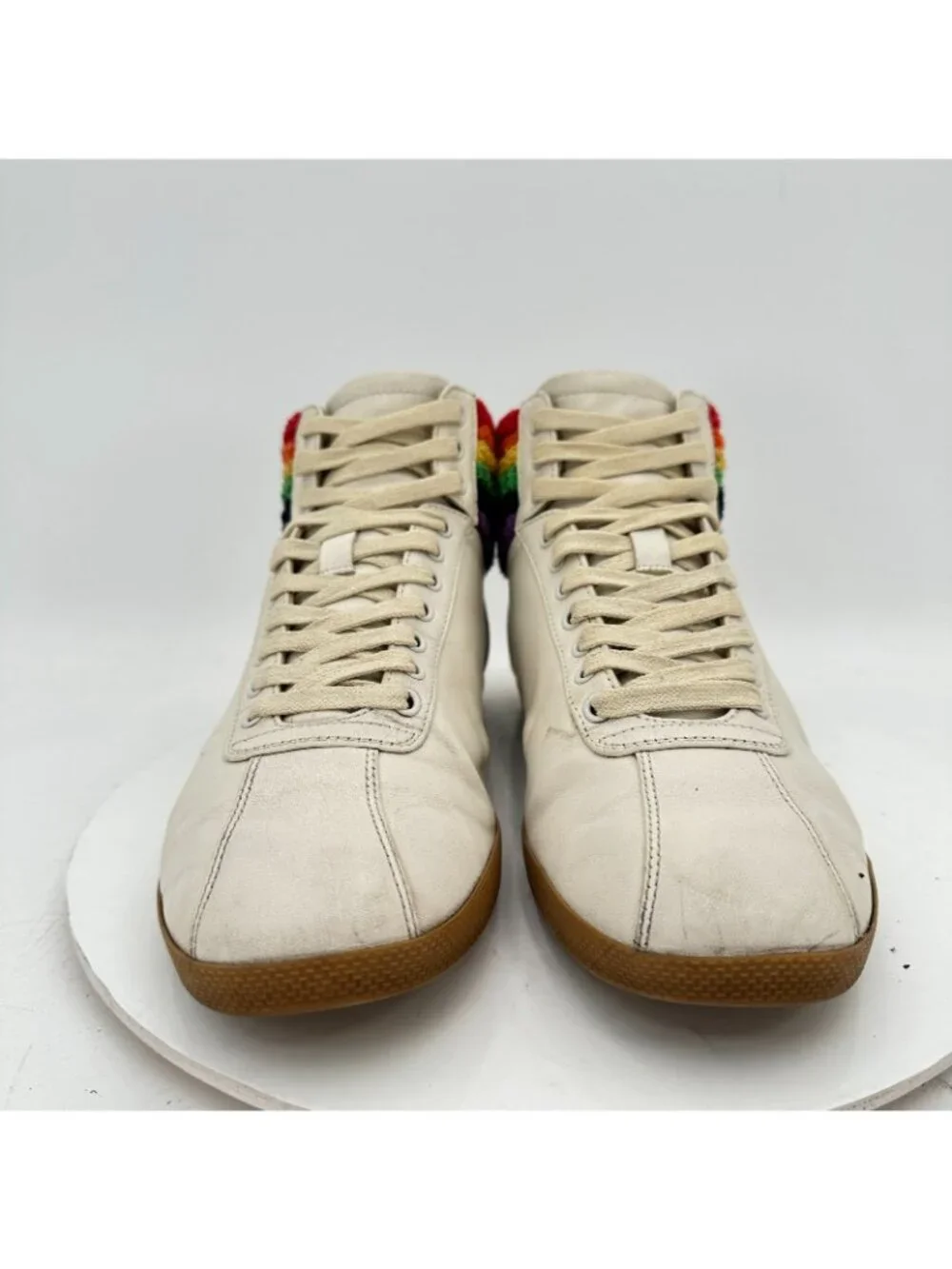 Gucci Men Sz UK 9.5D US 10 White Leather Lace Up Rainbow Heel Collar Mid Shoes